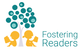 Fostering Readers logo; two children reading under a tree