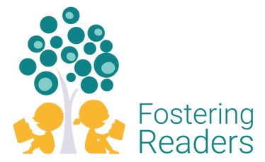 Fostering Readers logo; two children reading under a tree